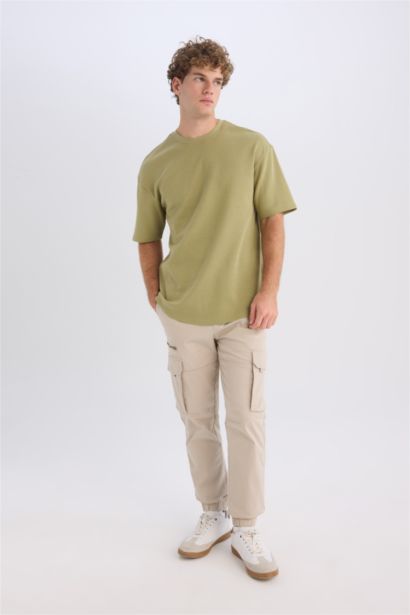 Boxy Fit Crew Neck Short Sleeve Basic Waffle T-Shirt