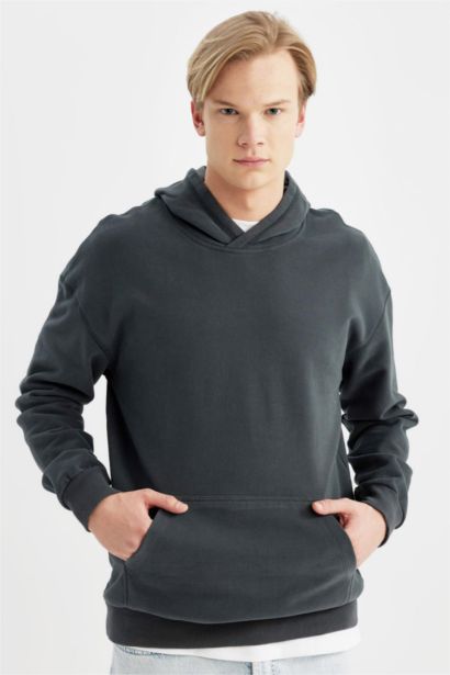 Comfort Regular Fit Rahat Kalıp Kapüşonlu Kanguru Cepli Basic Düz Sweatshirt