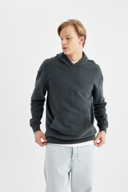 Comfort Regular Fit Rahat Kalıp Kapüşonlu Kanguru Cepli Basic Düz Sweatshirt