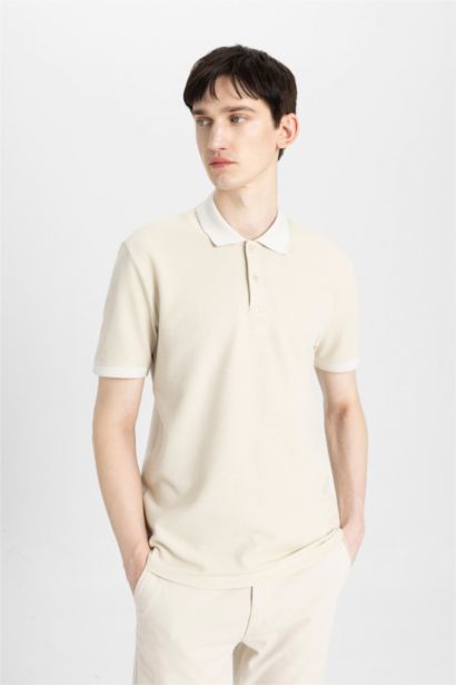 New Regular Fit Polo Yaka Waffle Kısa Kollu Basic Düz Tişört