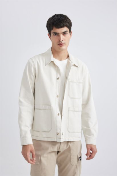 Regular Fit Polo Yaka Keten Karışımlı Düğmeli Cepli Yazlık Gömlek Ceket