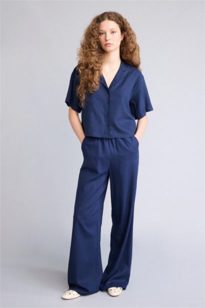 Брюки Wide Leg из смесового льна стандартной длины с высокой талией и двумя карманами