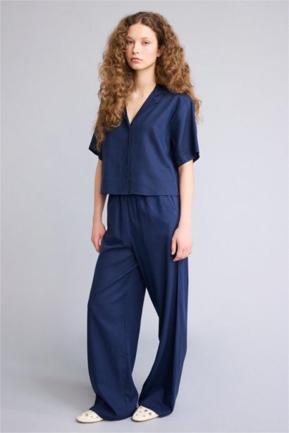 Брюки Wide Leg из смесового льна стандартной длины с высокой талией и двумя карманами