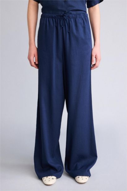 Брюки Wide Leg из смесового льна стандартной длины с высокой талией и двумя карманами