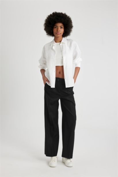 Wide Leg High Waist Standard Length Linen Blend Trousers