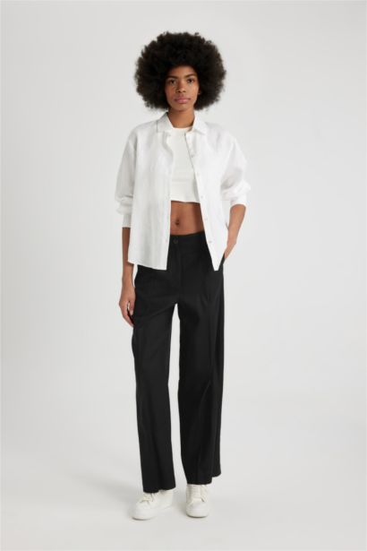 Wide Leg High Waist Standard Length Linen Blend Trousers