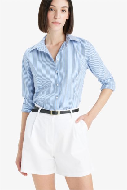 Зауженная рубашка с полосатым бенгалином с длинным рукавом