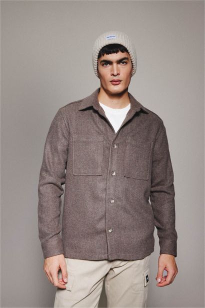 Regular Fit Polo Collar Cotton Long Sleeve Shirt Jacket