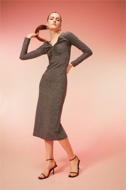 Bodycon V-Neck Sequined Fabric Midi Dress