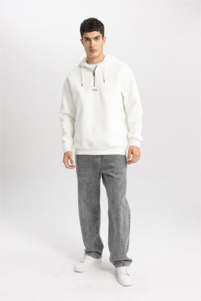 Oversize Geniş Kalıp Yarım Fermuarlı Baskılı Kapüşonlu Sweatshirt