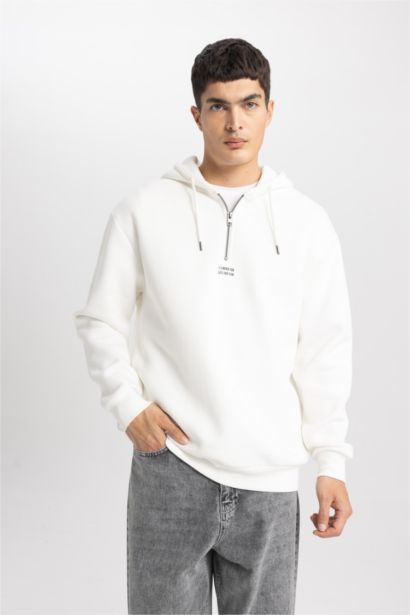 Oversize Geniş Kalıp Yarım Fermuarlı Baskılı Kapüşonlu Sweatshirt