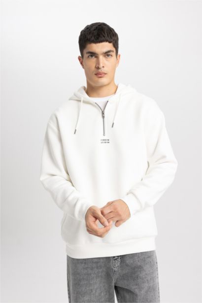 Oversize Geniş Kalıp Yarım Fermuarlı Baskılı Kapüşonlu Sweatshirt