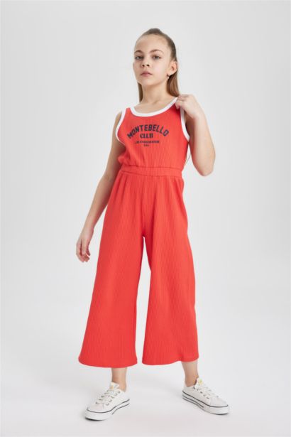 Girl Printed Ribbed Sleeveless Long Jumpsuit