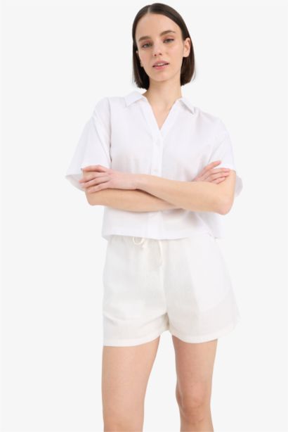 Oversize Fit Shirt Collar Linen Blended Short Sleeve Shirt