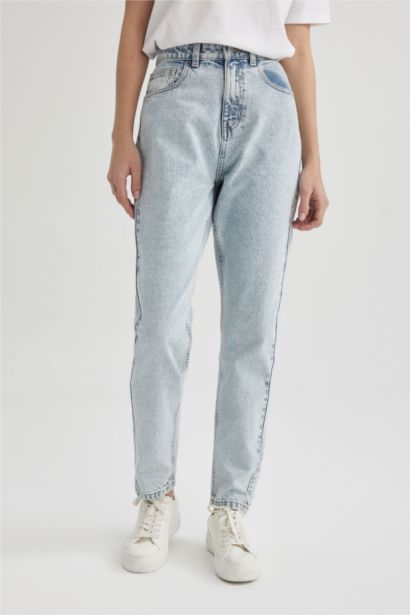 Pantalon Jean Mom Fit à Taille Haute et Longueur Cheville Modèle Lina