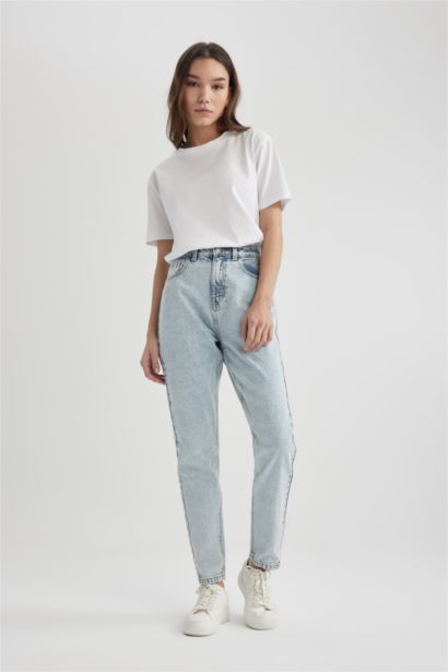 Pantalon Jean Mom Fit à Taille Haute et Longueur Cheville Modèle Lina