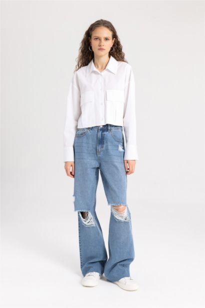 Pantalon Jean Large délavé des Années 90 avec Détails Déchirés, Taille Haute
