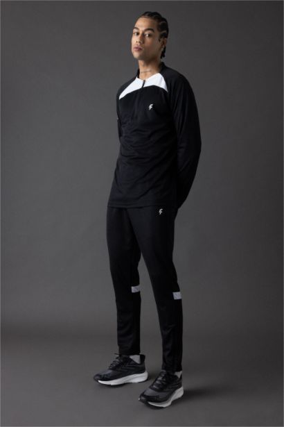 Slim Fit Dar Kesim Dik Yaka Fermuarlı Baskılı Ağır Kumaş Sporcu Sweatshirt