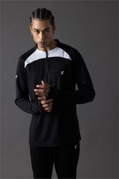 Slim Fit Dar Kesim Dik Yaka Fermuarlı Baskılı Ağır Kumaş Sporcu Sweatshirt