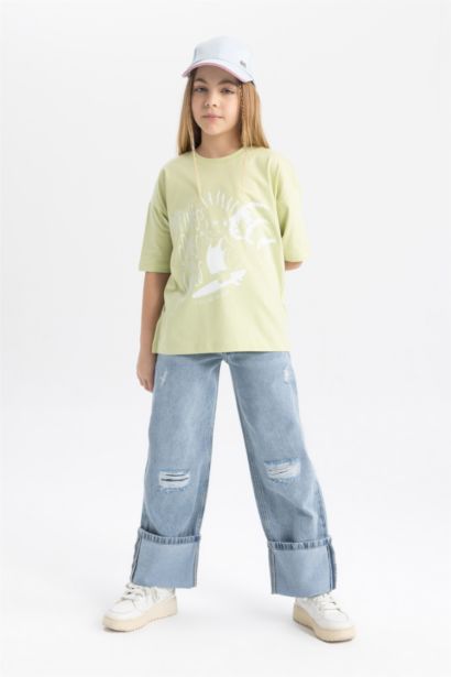 تيشيرت بنات نص كم مطبوع قصة مريحة برقبة مستديرة