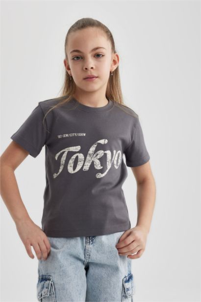 Kız Çocuk Slim Fit Dar Kesim Bisiklet Yaka Fitilli Kaşkorse Baskılı Kısa Kollu Tişört