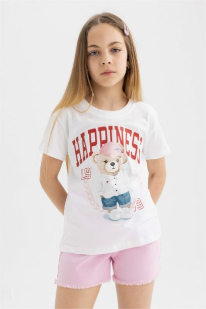 Girl Teddy Bear Printed Short Sleeve T-Shirt