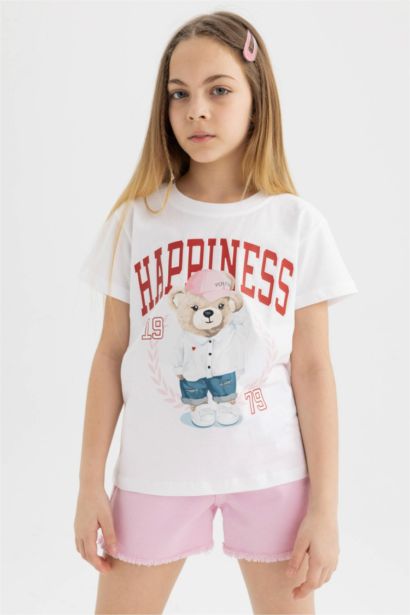 Girl Teddy Bear Printed Short Sleeve T-Shirt