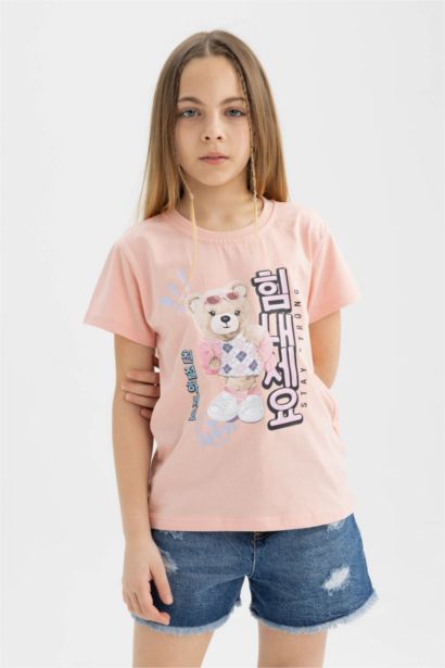 Girl Teddy Bear Printed Short Sleeve T-Shirt