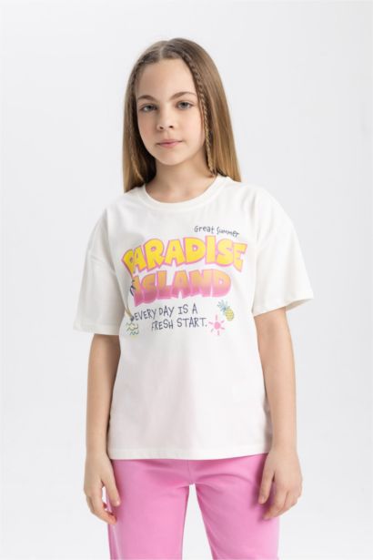 تيشيرت نص كم قصة مريحة بياقة مستديرة