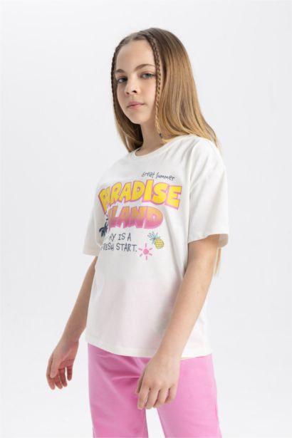 تيشيرت نص كم قصة مريحة بياقة مستديرة