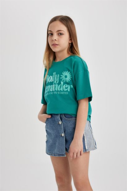 T-shirt imprimé à col rond et manches courtes Relax Fit pour fille