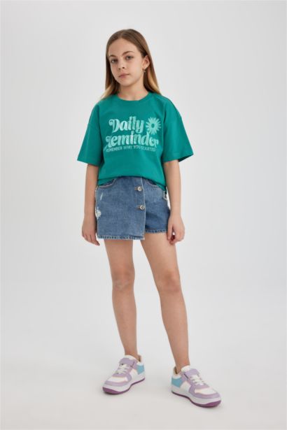 T-shirt imprimé à col rond et manches courtes Relax Fit pour fille