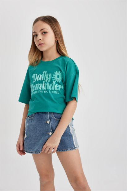 T-shirt imprimé à col rond et manches courtes Relax Fit pour fille