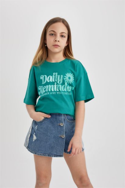 T-shirt imprimé à col rond et manches courtes Relax Fit pour fille
