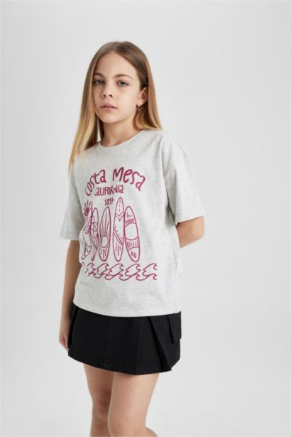 T-shirt imprimé à col rond et manches courtes Coupe décontractée pour fille