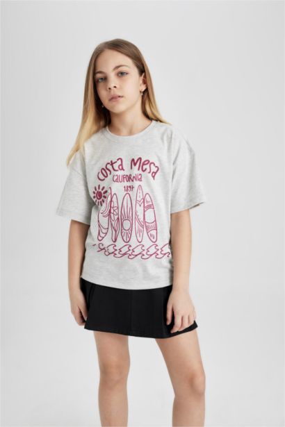 T-shirt imprimé à col rond et manches courtes Coupe décontractée pour fille