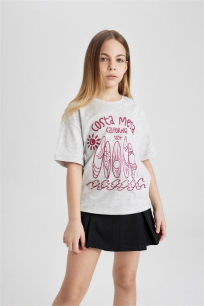 T-shirt imprimé à col rond et manches courtes Coupe décontractée pour fille