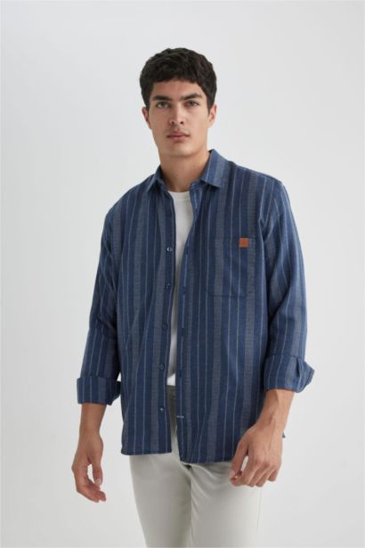 Regular Fit Cep Detaylı Çizgili Krep Uzun Kollu Gömlek