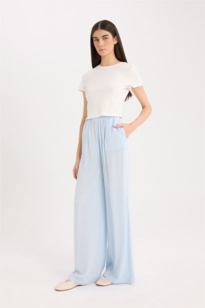 Wide Leg Double Pocket Crinkle Viscose Trousers