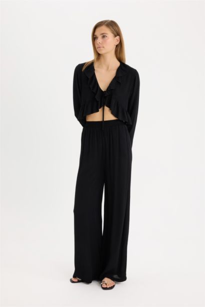 Wide Leg Double Pocket Crinkle Viscose Trousers