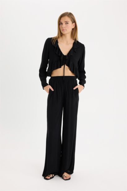 Wide Leg Double Pocket Crinkle Viscose Trousers