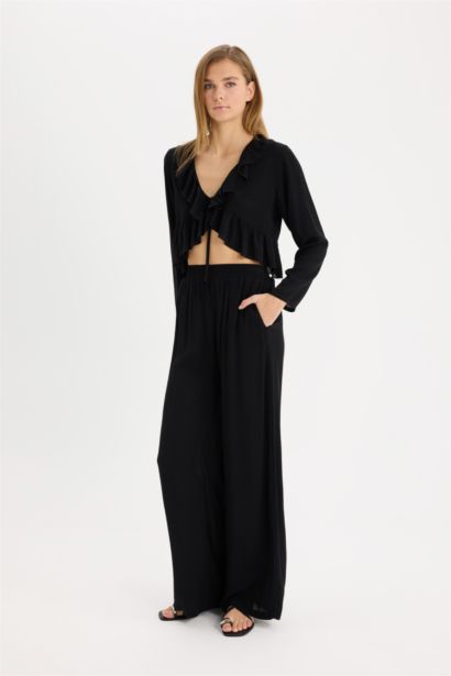 Wide Leg Double Pocket Crinkle Viscose Trousers