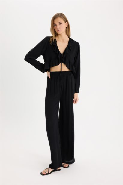 Wide Leg Double Pocket Crinkle Viscose Trousers