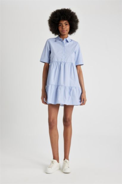 Shirt Collar Striped Poplin Short Sleeve Mini Dress