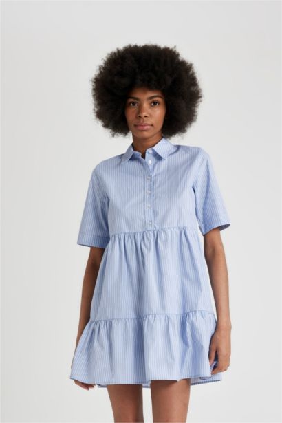 Shirt Collar Striped Poplin Short Sleeve Mini Dress