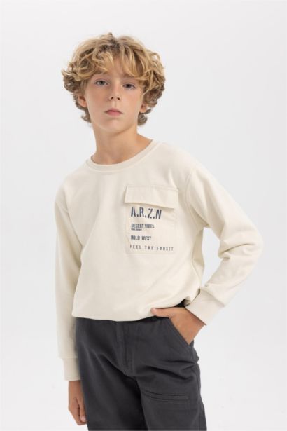 Boy Crew Neck Pocket Printed Sweatshirt