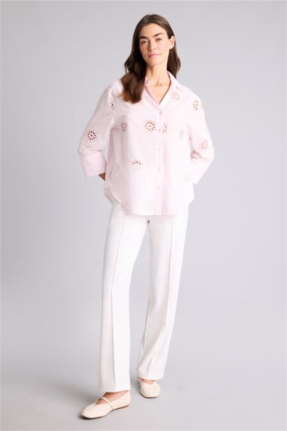 Oversıze Gömlek Yaka Brode Uzun Kollu Gömlek