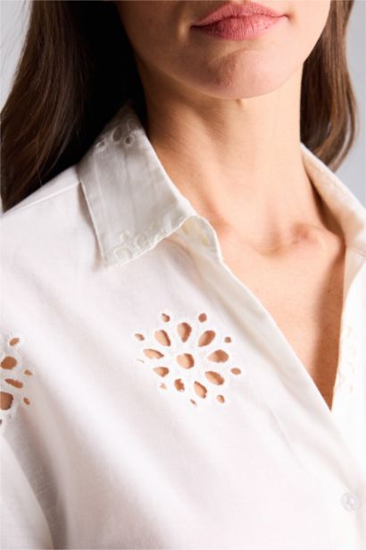 Oversıze Gömlek Yaka Brode Uzun Kollu Gömlek