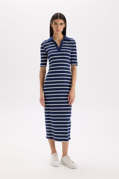 тығыз көйлек жолақ поло жаға қысқа жеңді Қысқа жеңді трикотаж көйлек