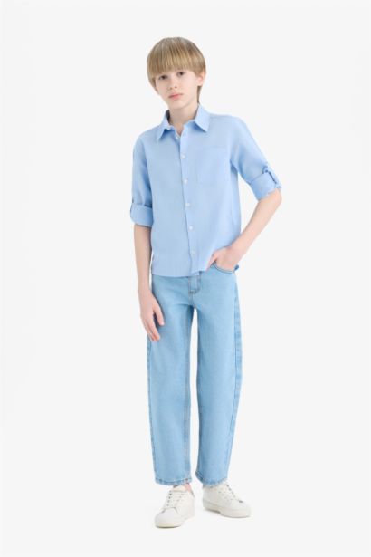 قميص بولو اولادي كم طويل ذو مظهر كتاني قصة عادية